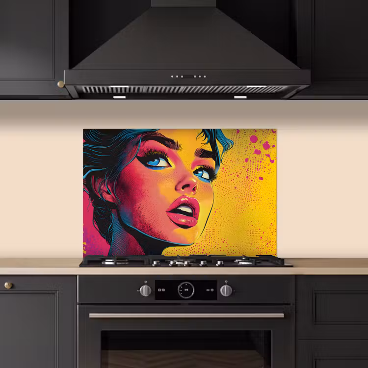 Spatscherm keuken - Close-up - Vrouwengezicht - Stippen - Geel — 2