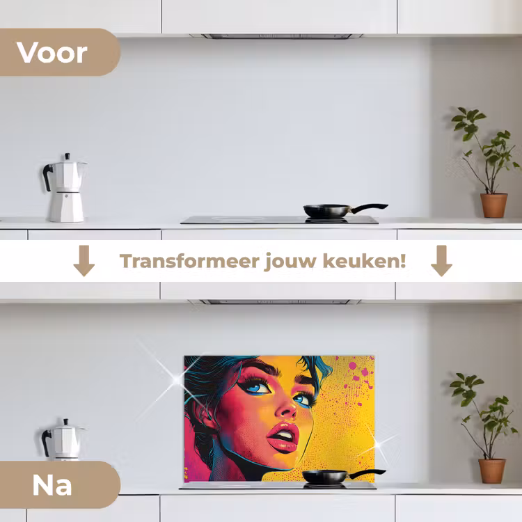 Spatscherm keuken - Close-up - Vrouwengezicht - Stippen - Geel — 3