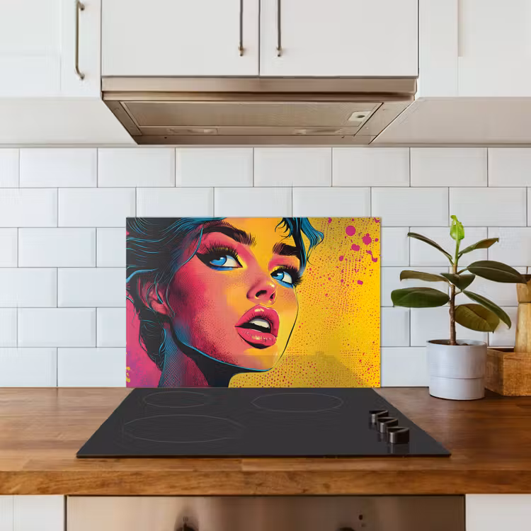 Spatscherm keuken - Close-up - Vrouwengezicht - Stippen - Geel — 6