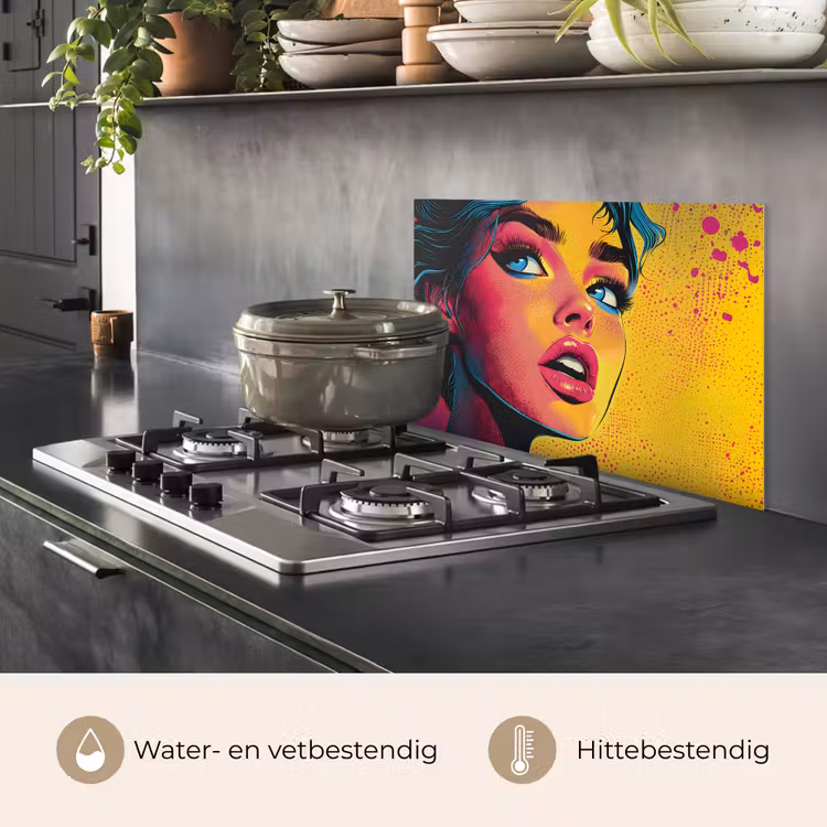 Spatscherm keuken - Close-up - Vrouwengezicht - Stippen - Geel — 7