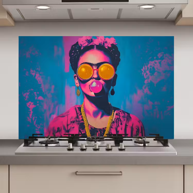 Spatscherm keuken - Vrouw - Kauwgom - Zonnebril - Oranje — 1