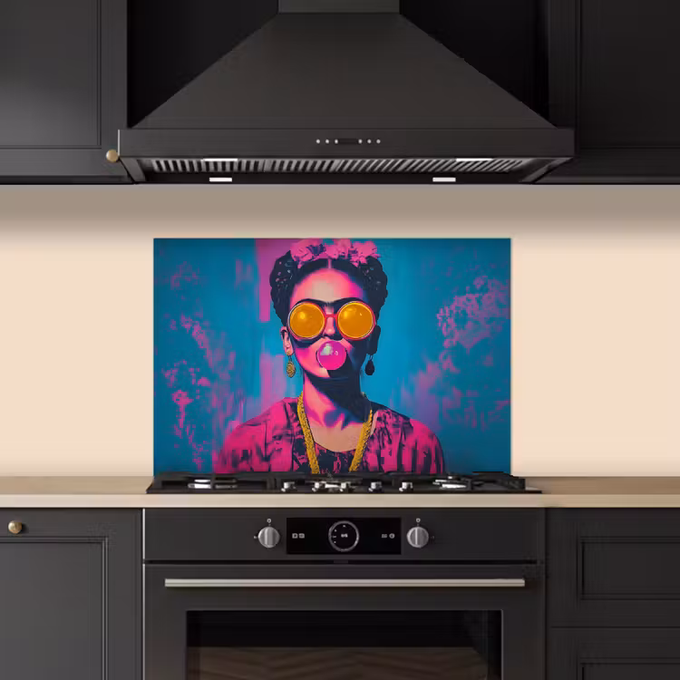 Spatscherm keuken - Vrouw - Kauwgom - Zonnebril - Oranje — 2