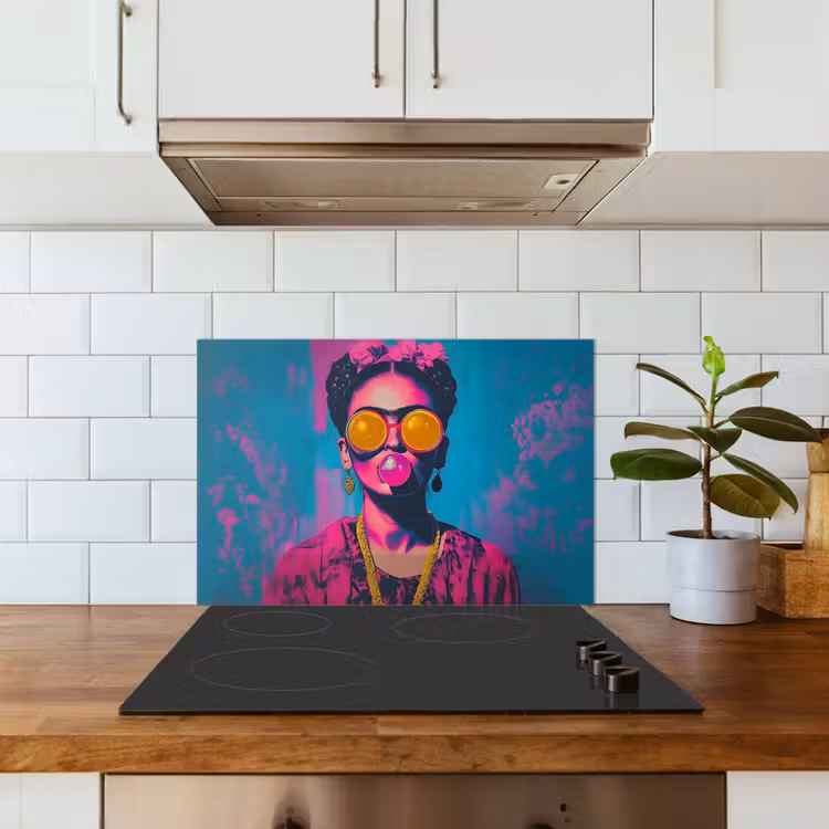 Spatscherm keuken - Vrouw - Kauwgom - Zonnebril - Oranje — 6