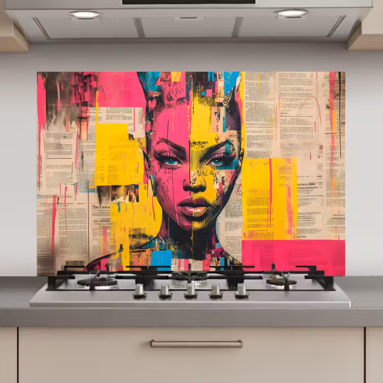 Spatscherm keuken - Vrouwengezicht - Krantenpapier - Abstract - Roze — 1