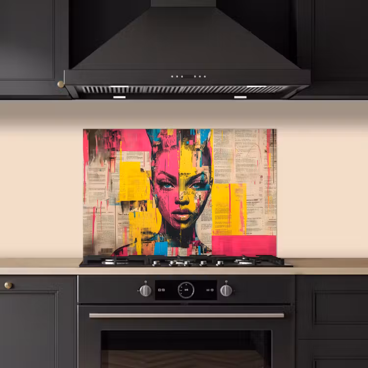 Spatscherm keuken - Vrouwengezicht - Krantenpapier - Abstract - Roze — 2