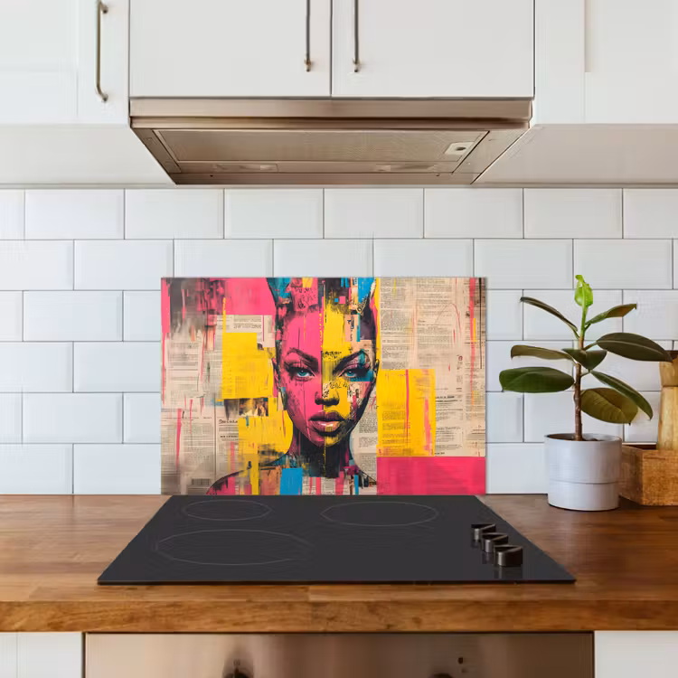 Spatscherm keuken - Vrouwengezicht - Krantenpapier - Abstract - Roze — 6