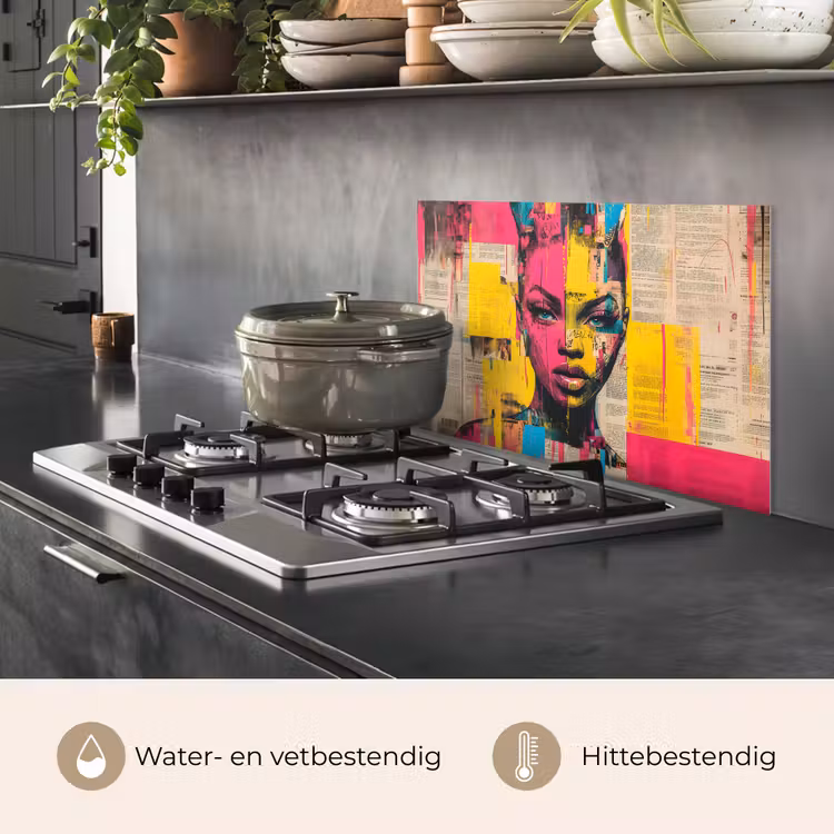Spatscherm keuken - Vrouwengezicht - Krantenpapier - Abstract - Roze — 7