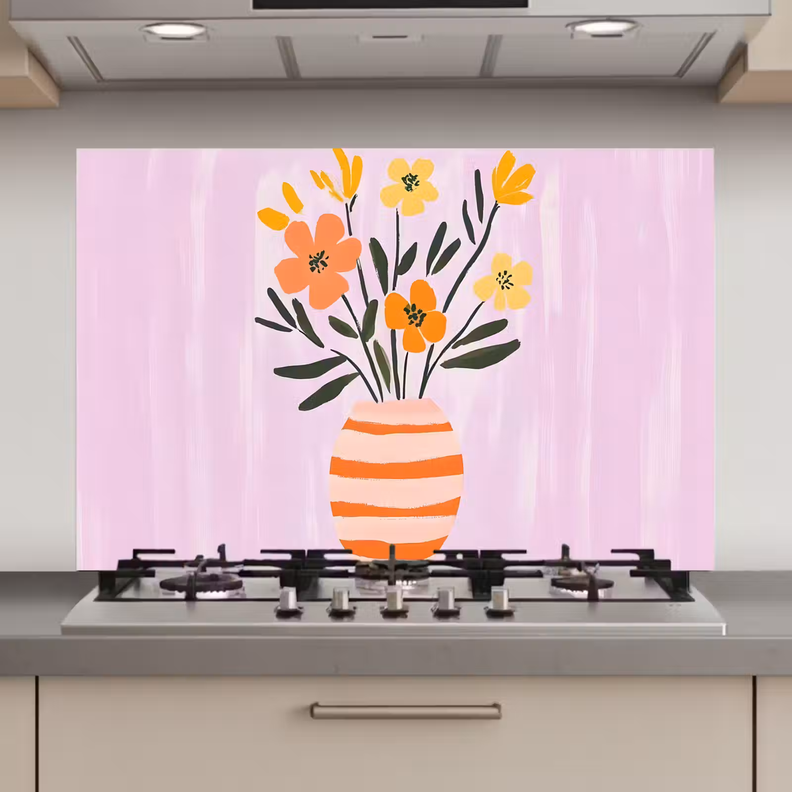 Spatscherm keuken - Vaas - Gestreept - Bloemen - Oranje — 1