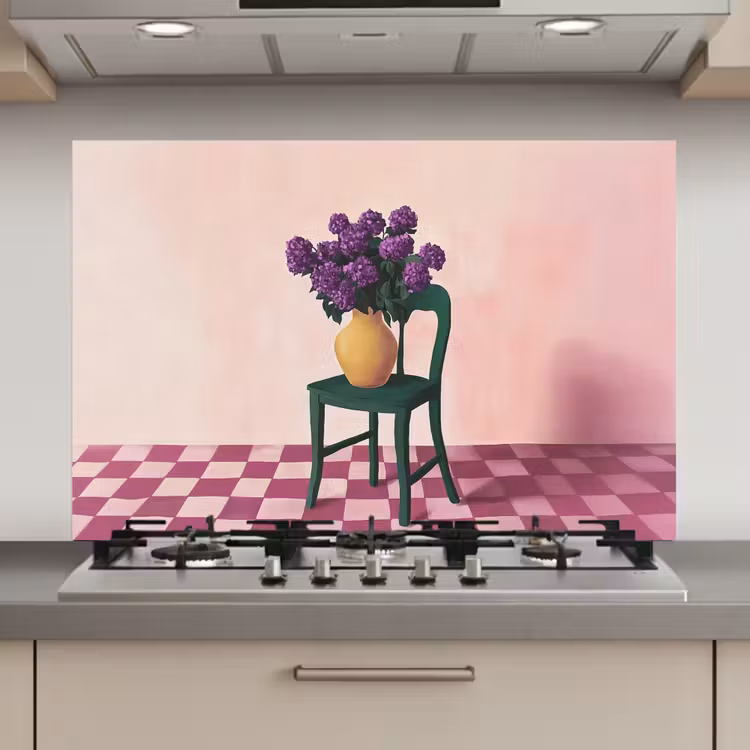 Spatscherm keuken - Stoel - Vaas - Bloemen - Geblokt — 1