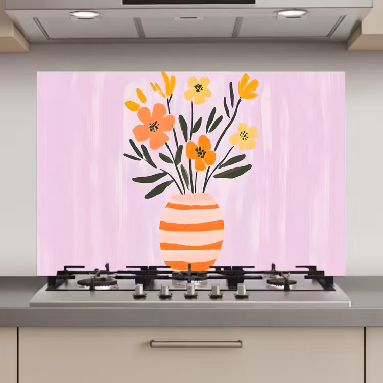 Spatscherm keuken - Vaas - Gestreept - Bloemen - Oranje — 1