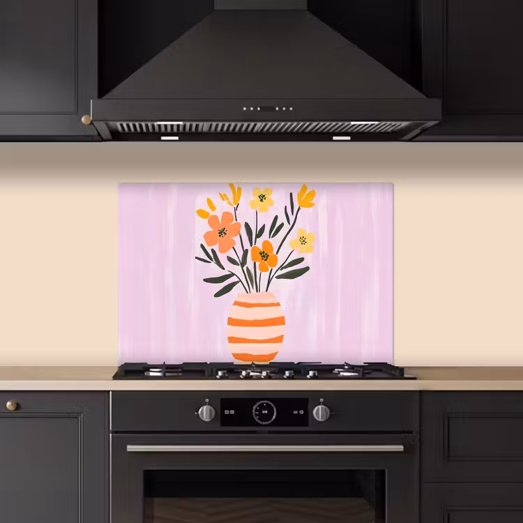 Spatscherm keuken - Vaas - Gestreept - Bloemen - Oranje — 2