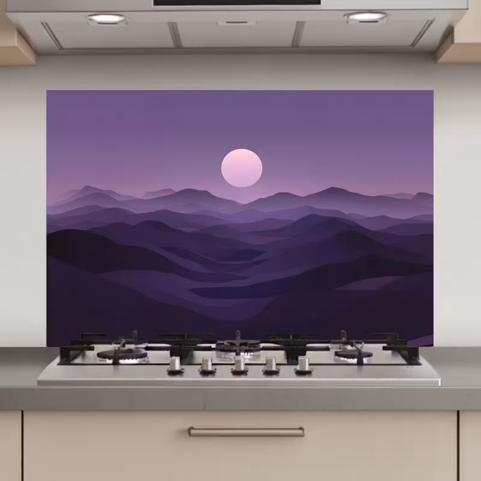 Spatscherm keuken - Heuvels - Paars - Mist - Zon — 1