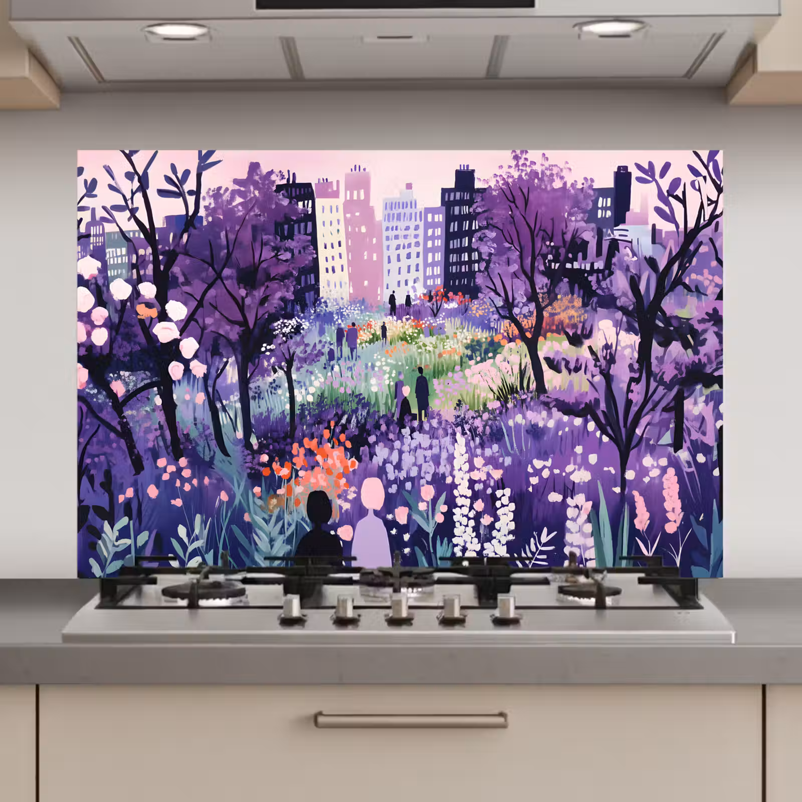 Spatscherm keuken - Park - Bomen - Bloemen - Gebouwen — 1