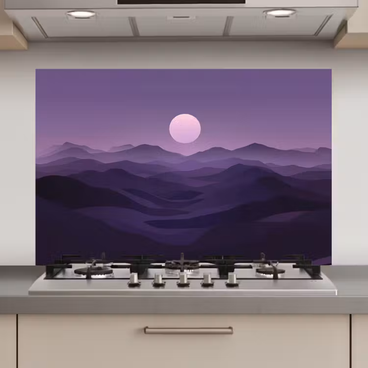 Spatscherm keuken - Heuvels - Paars - Mist - Zon — 1