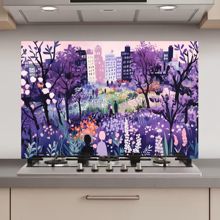 Spatscherm keuken - Park - Bomen - Bloemen - Gebouwen — 1