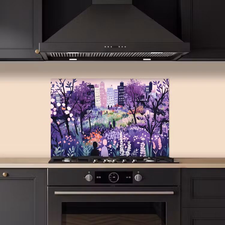 Spatscherm keuken - Park - Bomen - Bloemen - Gebouwen — 2