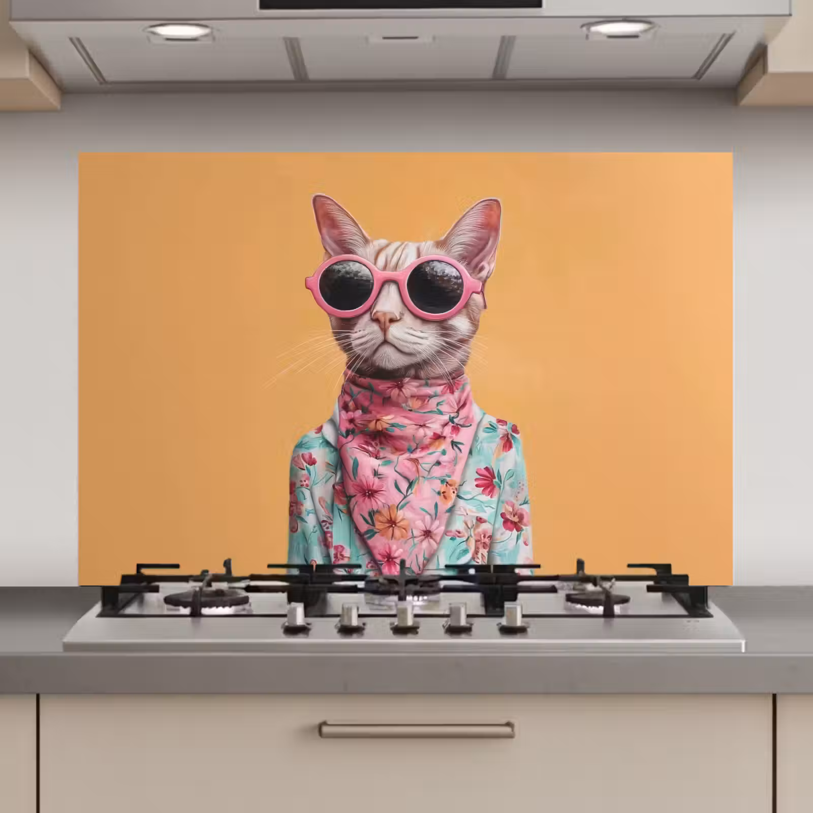 Spatscherm keuken - Zonnebril - Kat - Sjaal - Bloemen — 1