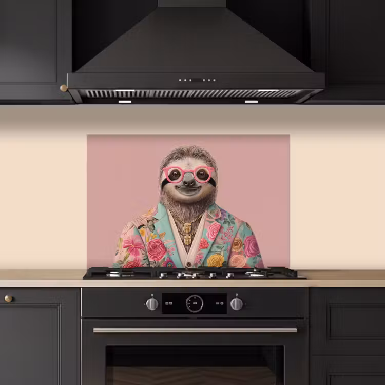 Spatscherm keuken - Luiaard - Bloemenprint - Bril - Roze — 2