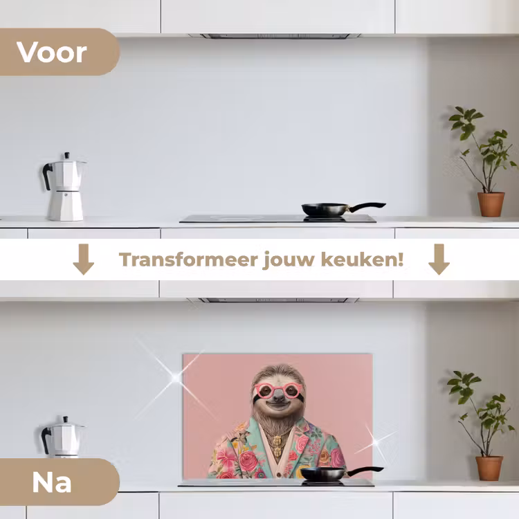 Spatscherm keuken - Luiaard - Bloemenprint - Bril - Roze — 3