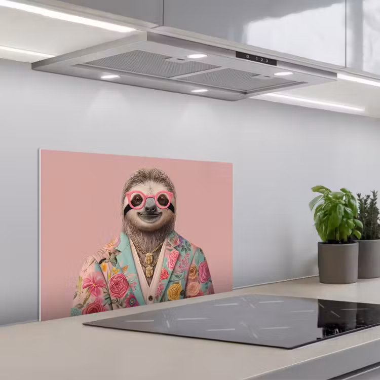 Spatscherm keuken - Luiaard - Bloemenprint - Bril - Roze — 5
