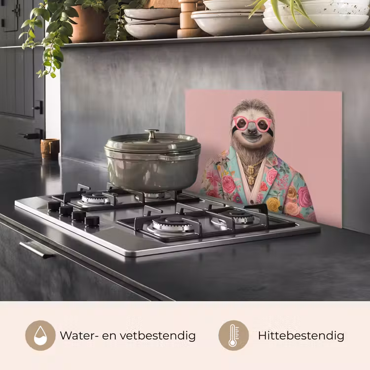 Spatscherm keuken - Luiaard - Bloemenprint - Bril - Roze — 7