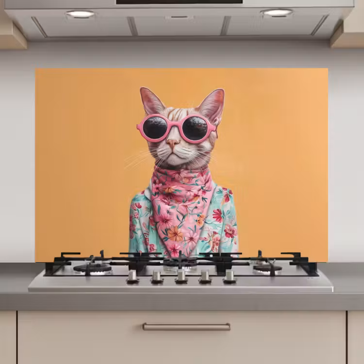 Spatscherm keuken - Zonnebril - Kat - Sjaal - Bloemen — 1