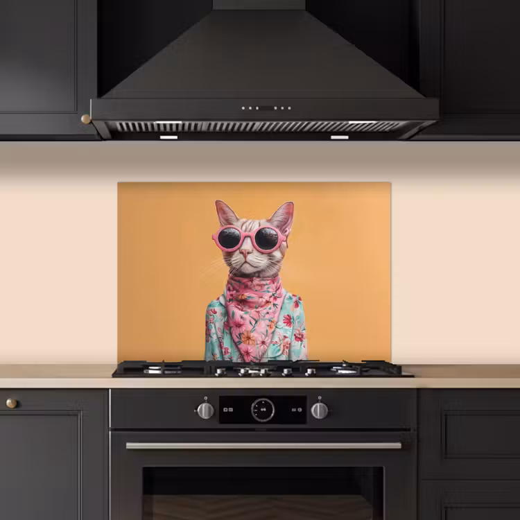 Spatscherm keuken - Zonnebril - Kat - Sjaal - Bloemen — 2