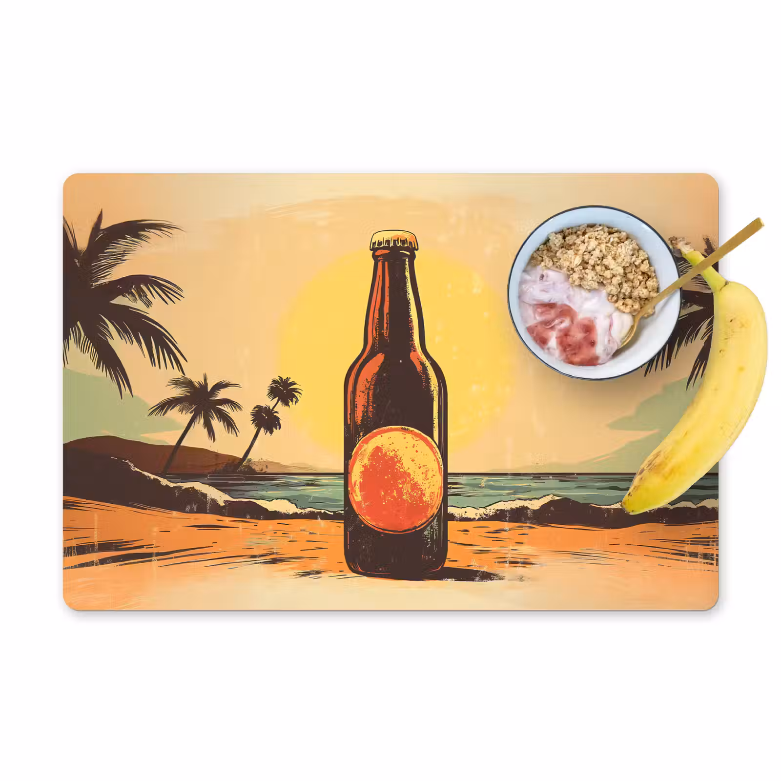 Placemat - 6 stuks - Bierfles - Zonsondergang - Palmbomen - Zee — 1