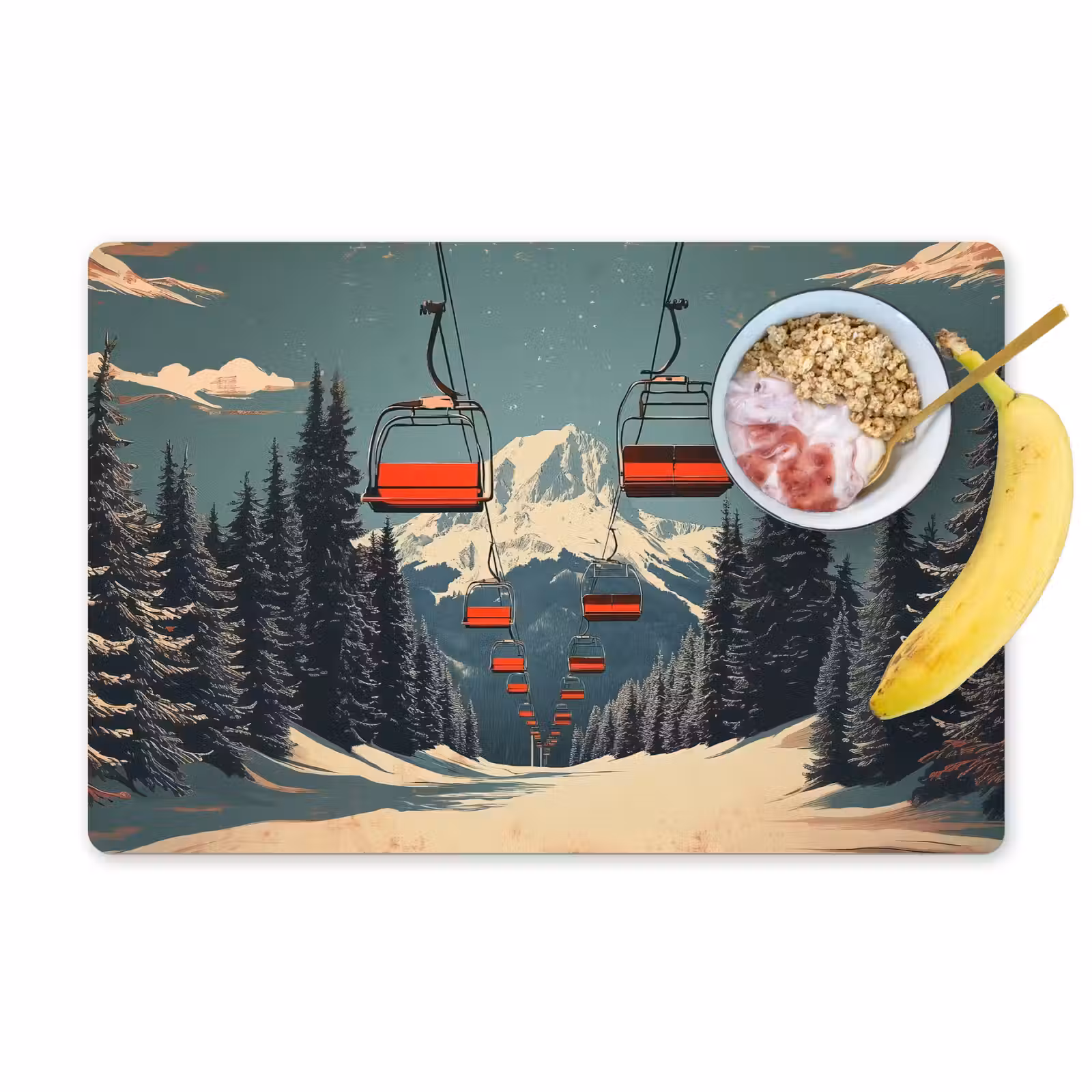 Placemat - 6 stuks - Sneeuw - Skilift - Rood - Bomen — 1