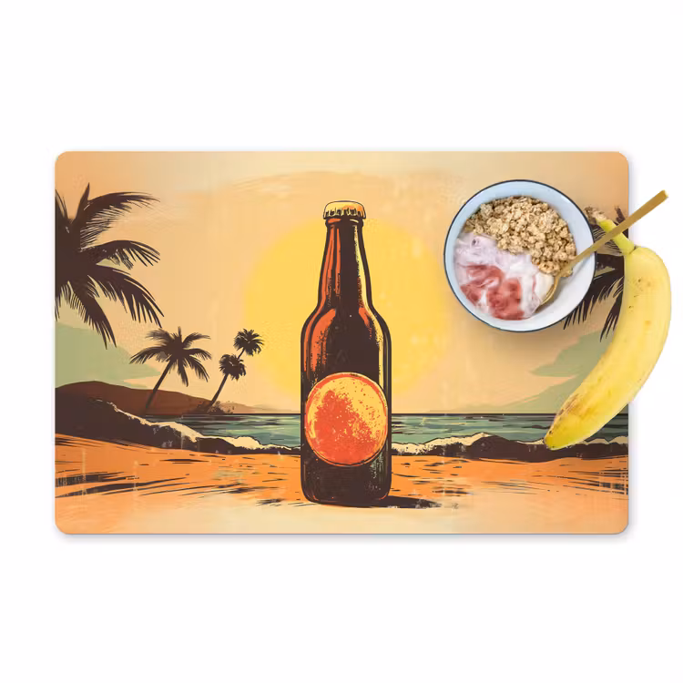Placemat - 6 stuks - Bierfles - Zonsondergang - Palmbomen - Zee — 1