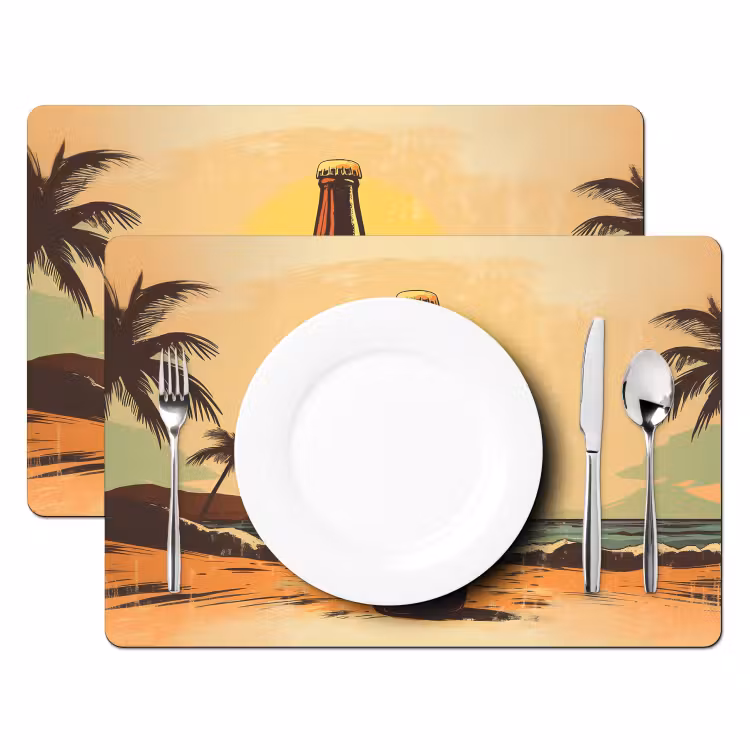 Placemat - 6 stuks - Bierfles - Zonsondergang - Palmbomen - Zee — 2