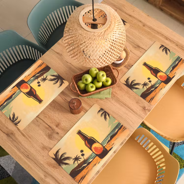 Placemat - 6 stuks - Bierfles - Zonsondergang - Palmbomen - Zee — 6