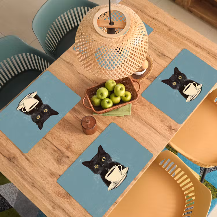 Placemat - 6 stuks - Kat - Zwart - Koffie - Minimalistisch — 6