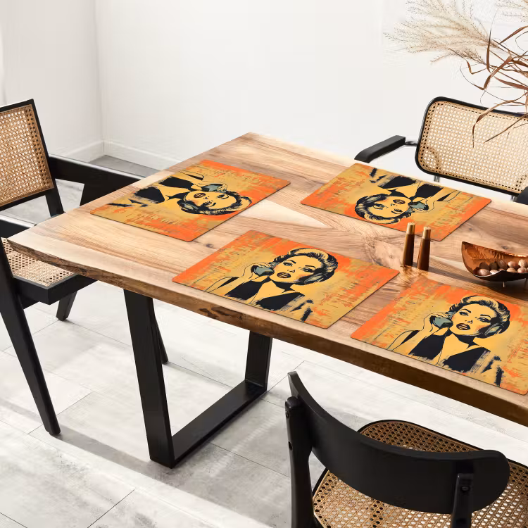 Placemat - 6 stuks - Retro - Vrouw - Koptelefoon - Oranje — 5