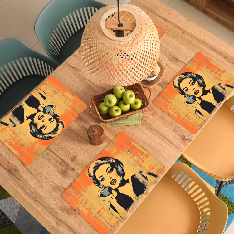 Placemat - 6 stuks - Retro - Vrouw - Koptelefoon - Oranje — 6