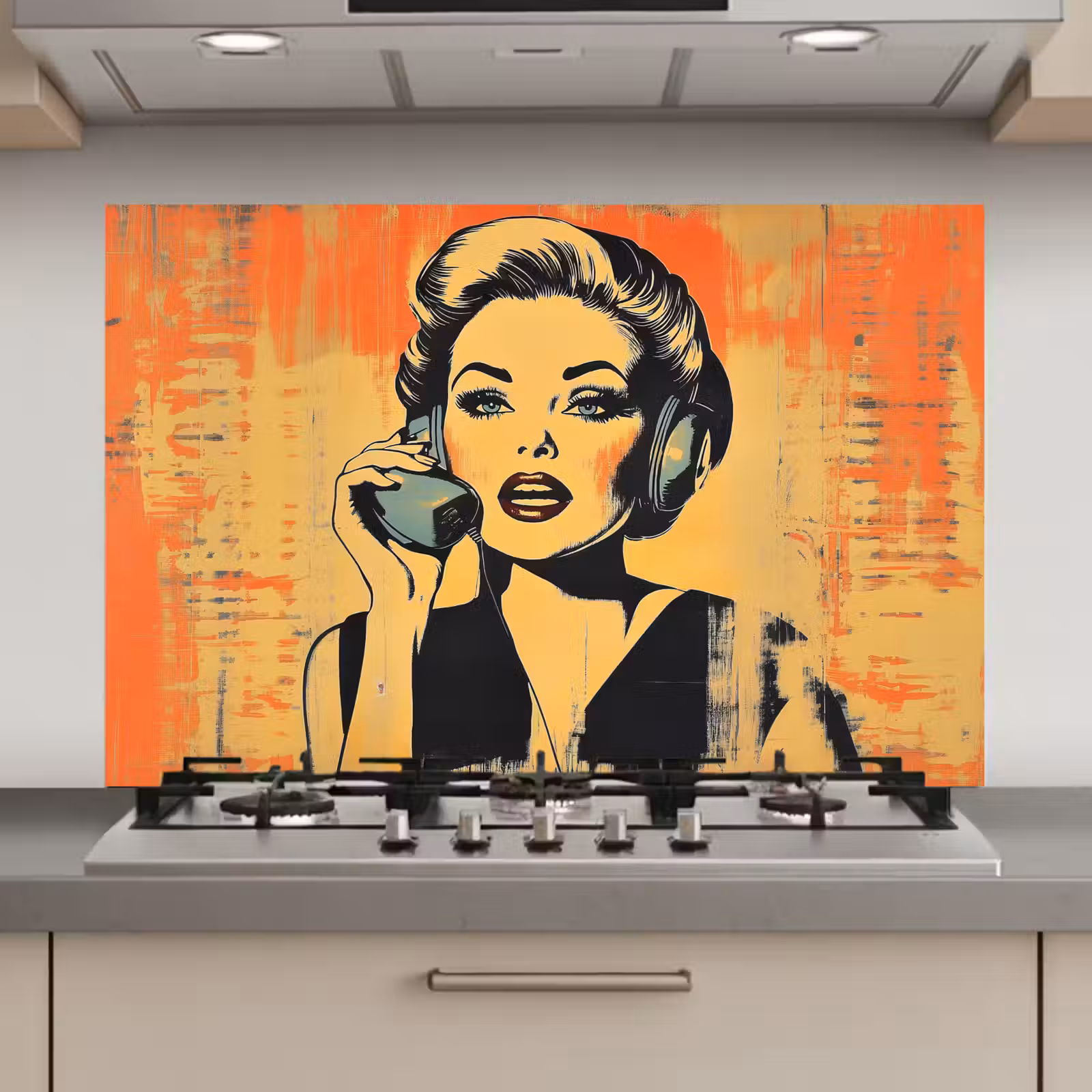 Spatscherm keuken - Retro - Vrouw - Koptelefoon - Oranje — 1