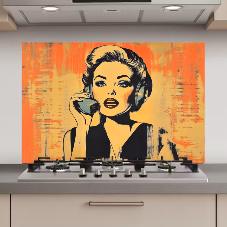 Spatscherm keuken - Retro - Vrouw - Koptelefoon - Oranje — 1