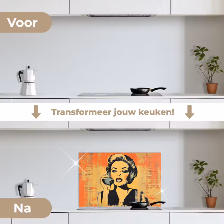Spatscherm keuken - Retro - Vrouw - Koptelefoon - Oranje — 3