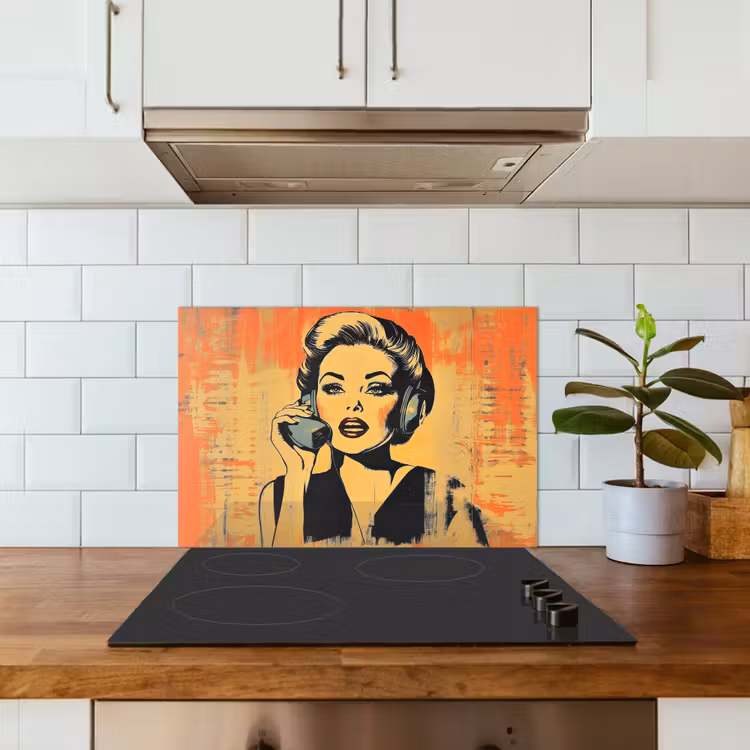Spatscherm keuken - Retro - Vrouw - Koptelefoon - Oranje — 6
