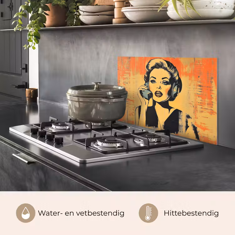 Spatscherm keuken - Retro - Vrouw - Koptelefoon - Oranje — 7