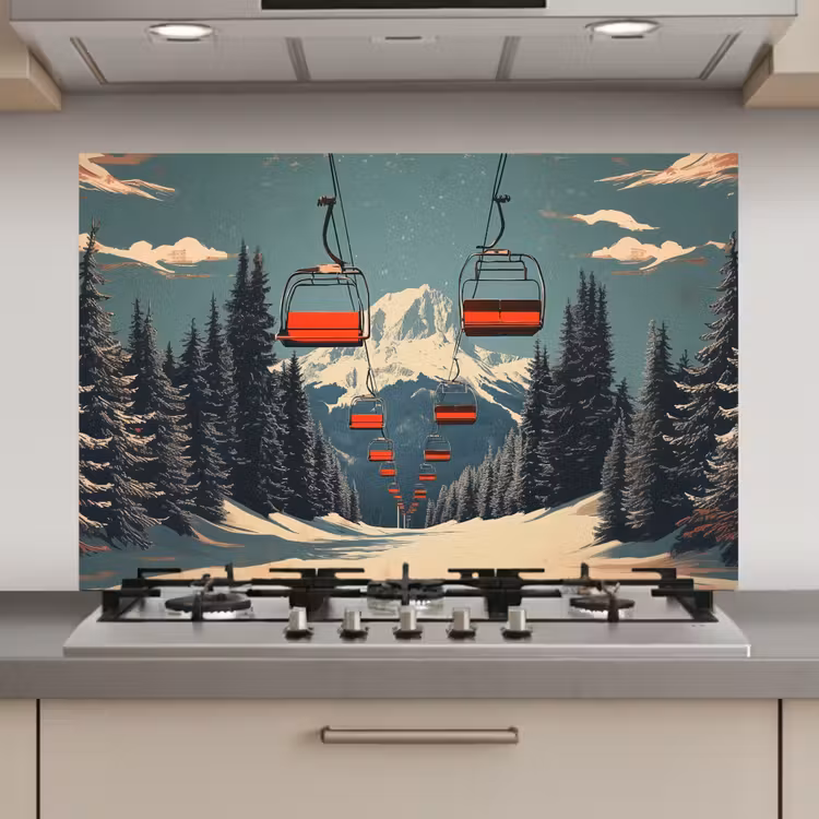 Spatscherm keuken - Sneeuw - Skilift - Rood - Bomen — 1