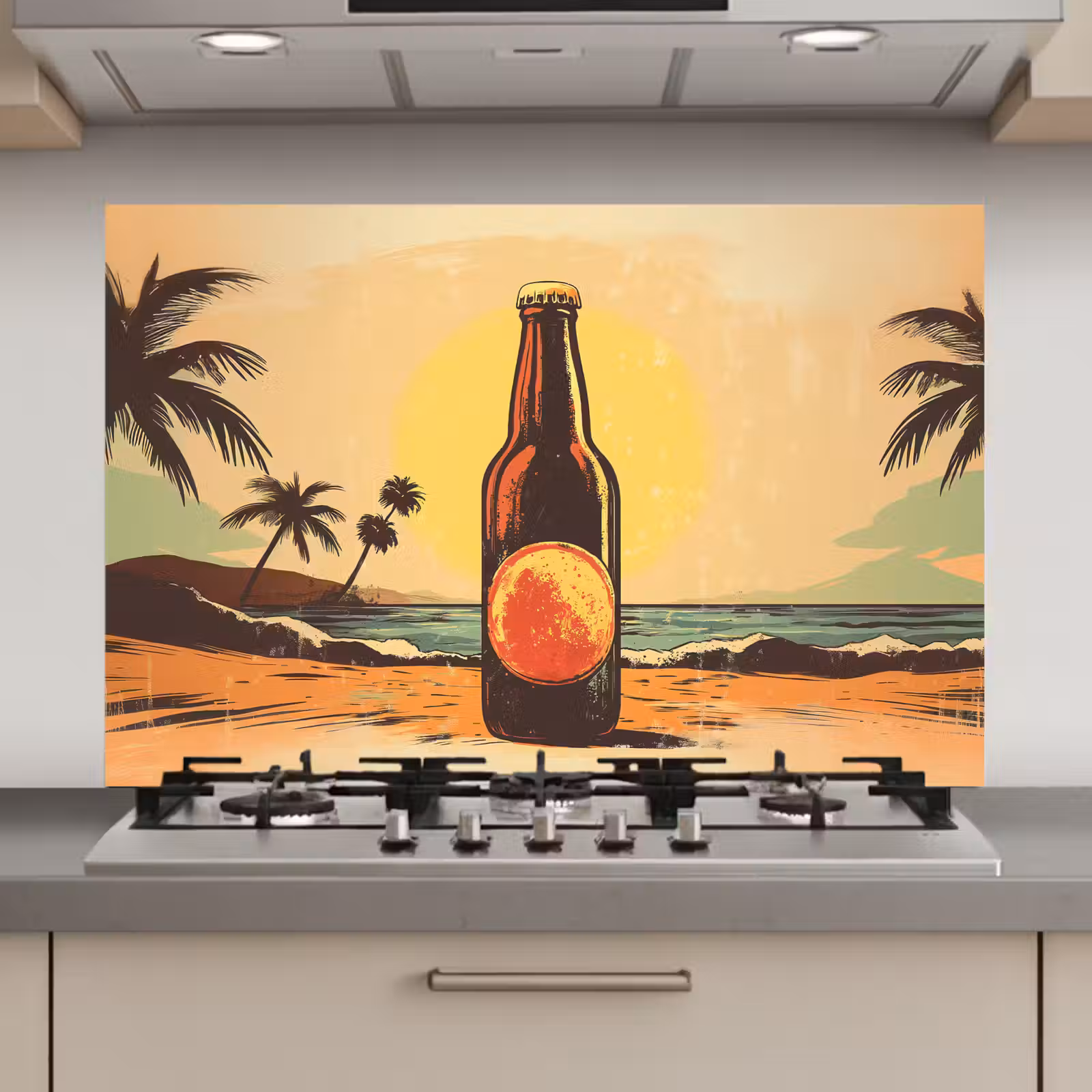 Spatscherm keuken - Bierfles - Zonsondergang - Palmbomen - Zee — 1