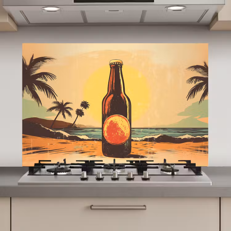 Spatscherm keuken - Bierfles - Zonsondergang - Palmbomen - Zee — 1