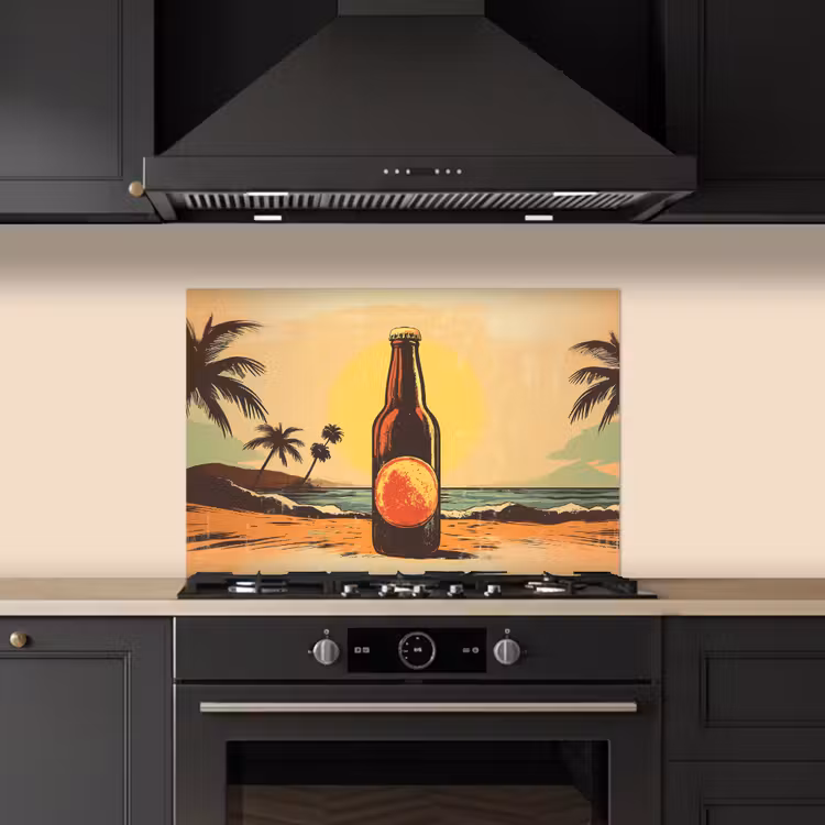 Spatscherm keuken - Bierfles - Zonsondergang - Palmbomen - Zee — 2