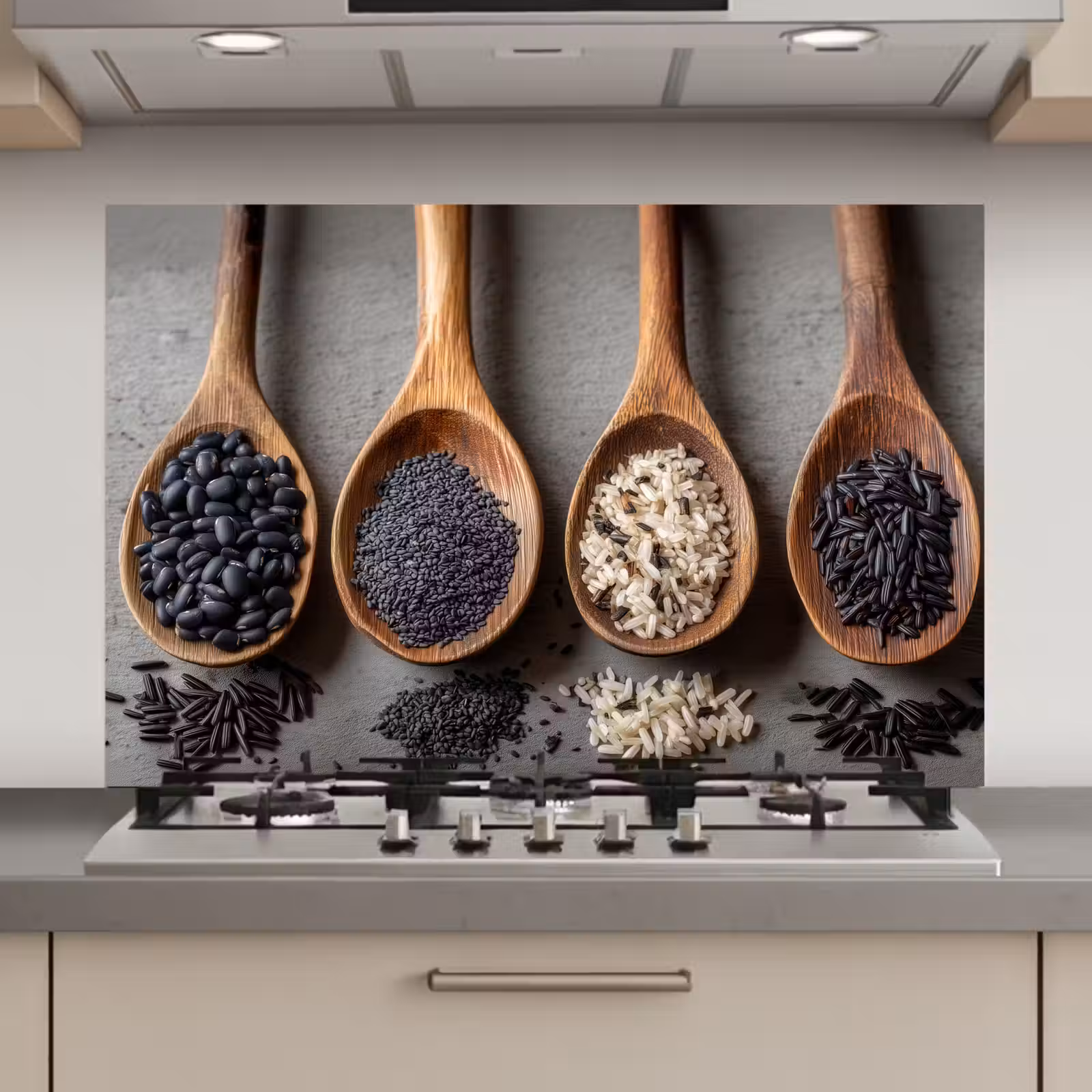 Spatscherm keuken - Houten - Lepels - Rijst - Zaden — 1