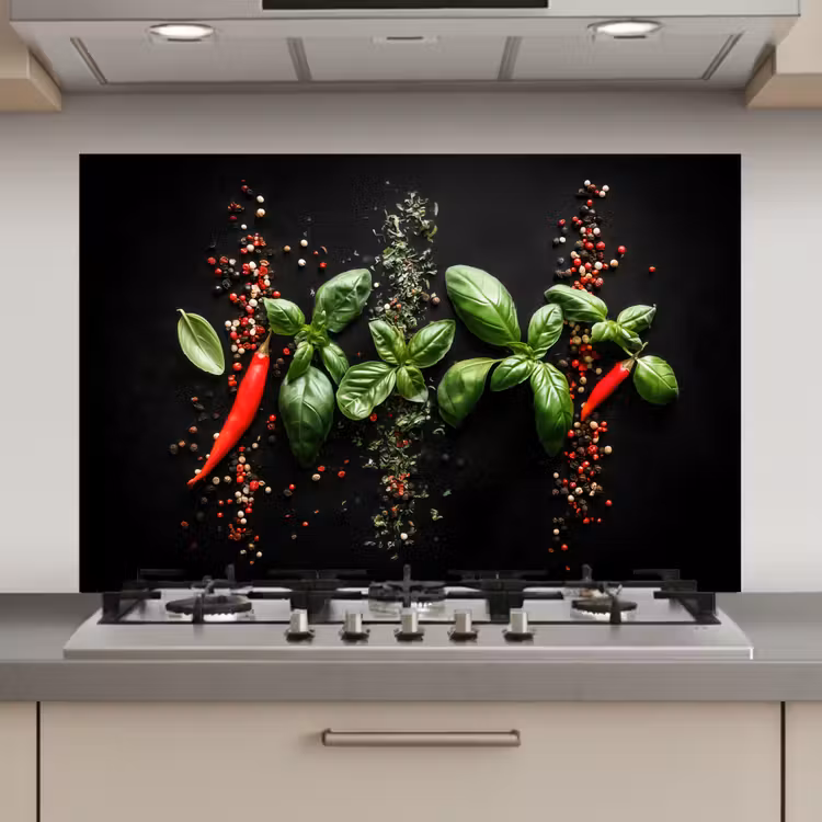 Spatscherm keuken - Chilipepers - Basilicum - Blaadjes - Rood — 1