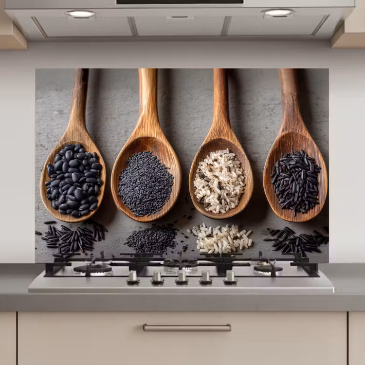 Spatscherm keuken - Houten - Lepels - Rijst - Zaden — 1