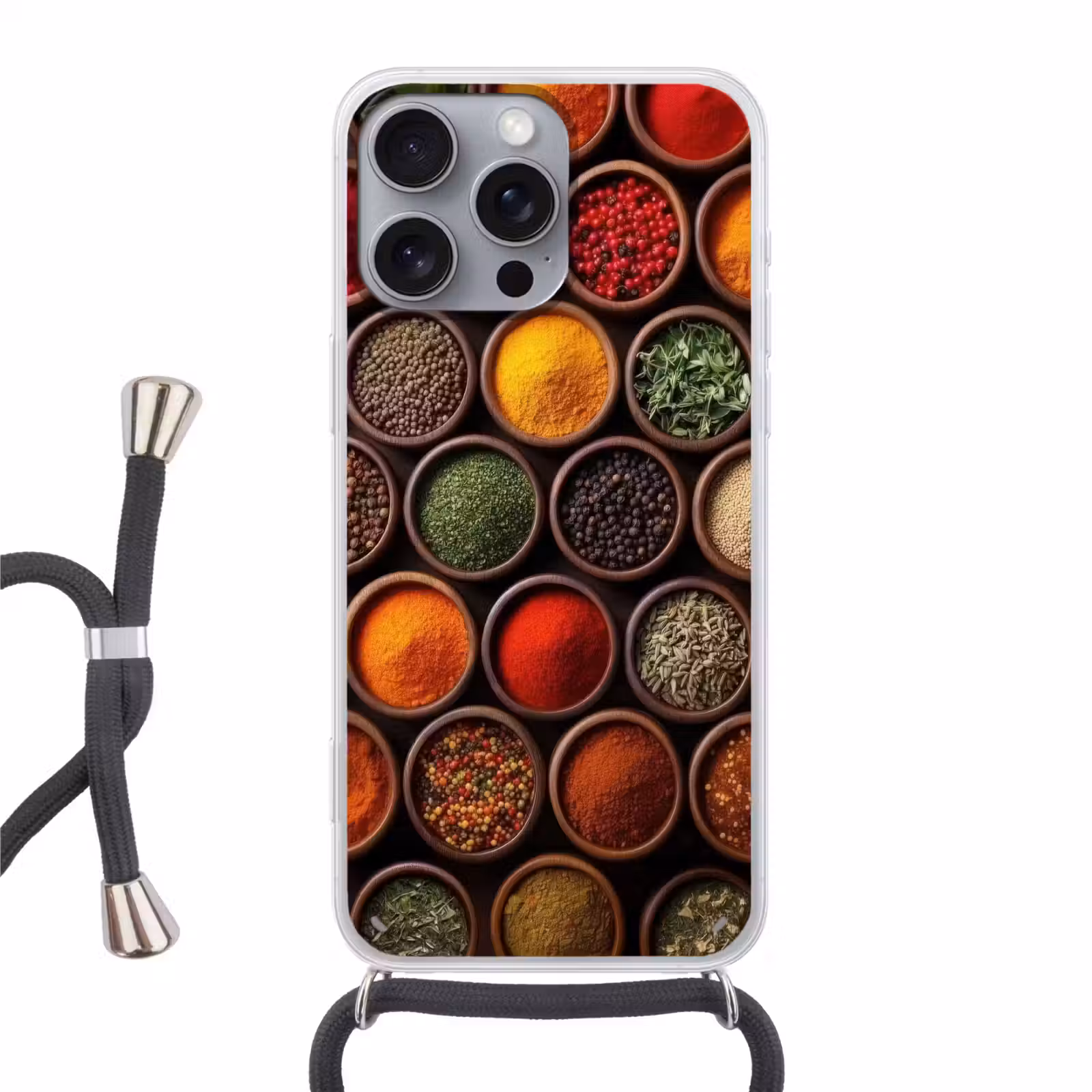 Telefoonhoesje met koord - Bakjes - Hout - Kruiden - Kleurrijk — 1