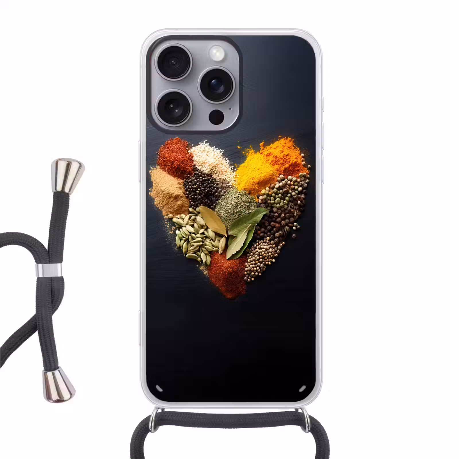 Telefoonhoesje met koord - Specerijen - Mix - Hartvorm - Zwart — 1