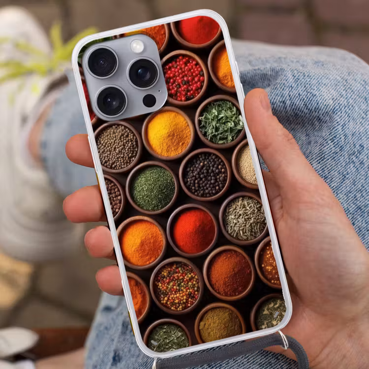 Telefoonhoesje met koord - Bakjes - Hout - Kruiden - Kleurrijk — 2